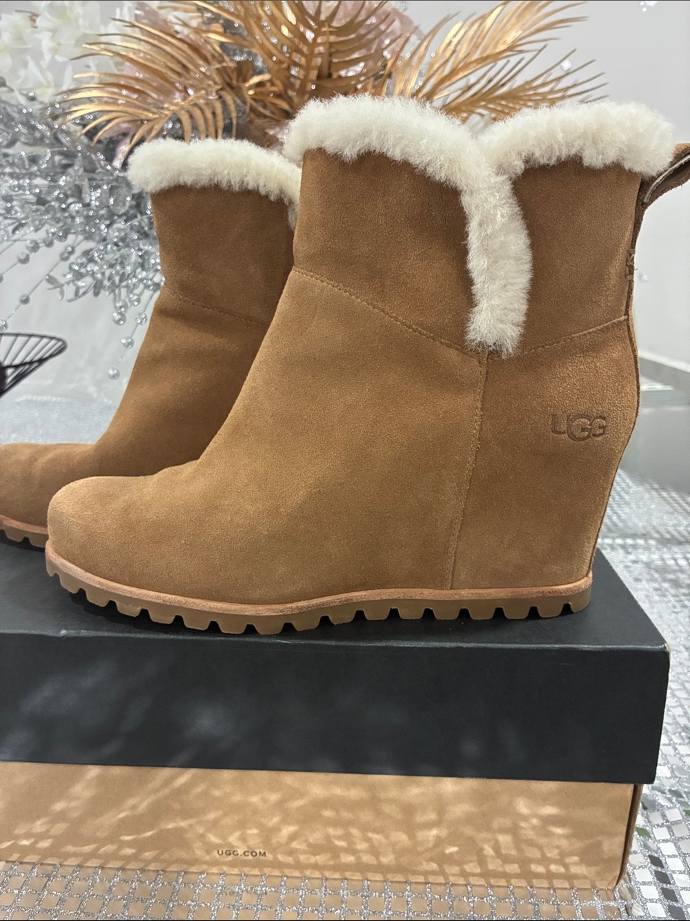 UGG Tan Suede Shearling Wedge Ankle Boots